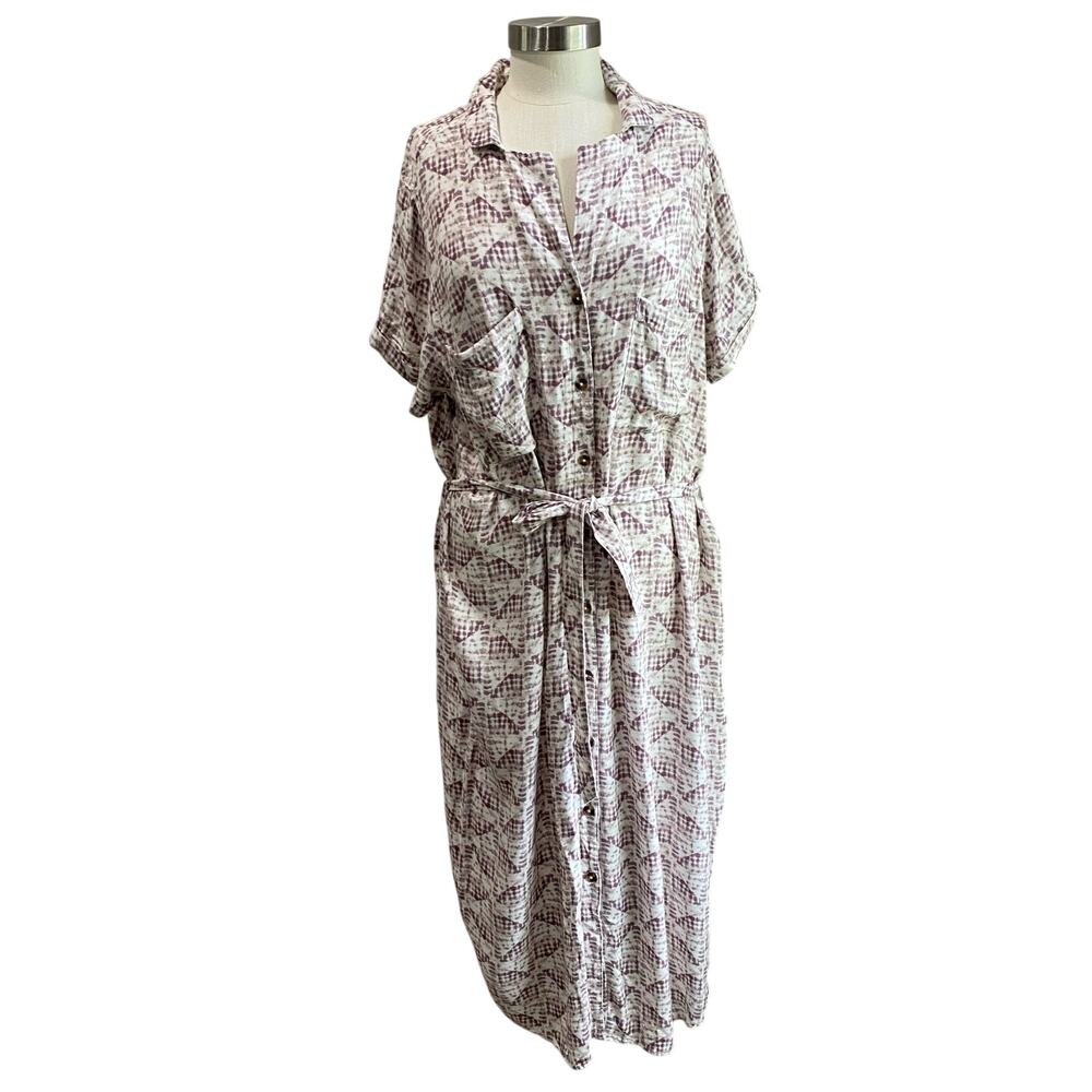 Sonoma Geometric Print Button Front Midi Shirt Dress Belted Casual XXL